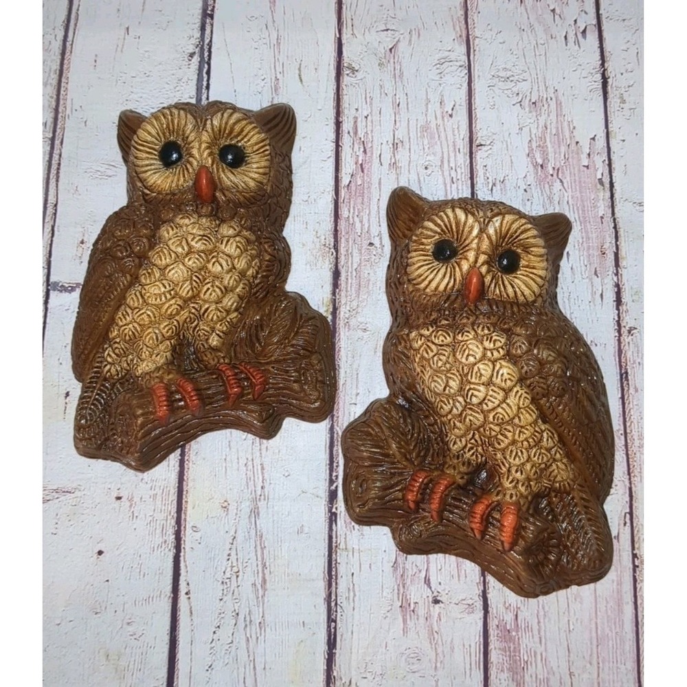 Set of Vintage 70's Retro Foam Plastic Owl on‎ Branch Wall Hanging Plaque Decor